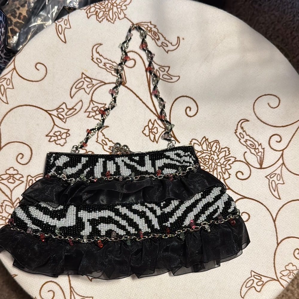 Black and White Zebra Beaded Handbag with Chain